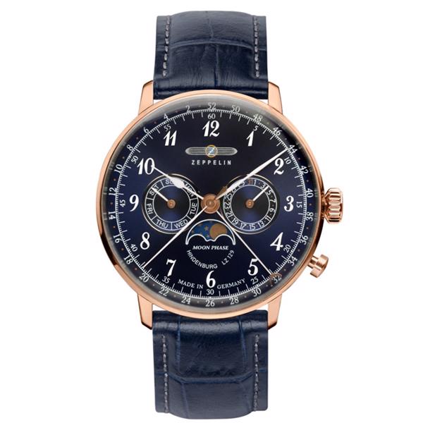 blank rosa forgyldt stål LZ129 Hindenburg Moonphase Ronda 706B Herre ur fra Zeppelin