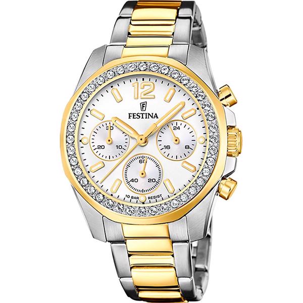 Forgyldt stål og stål med zikoner Ladies Chronograph quartz dame ur fra Festina