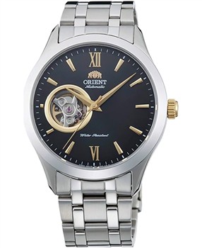 Sort urskive, guldfarvede markører, open-heart ved 9-tallet, vandsikret, sølvrem.